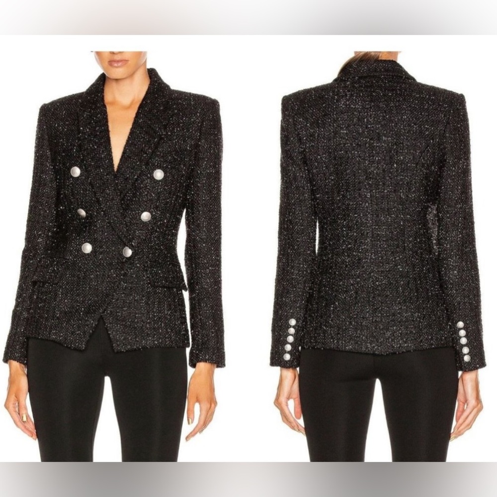L'AGENCE Black Tweed Double-Breasted Blazer with Silver Buttons